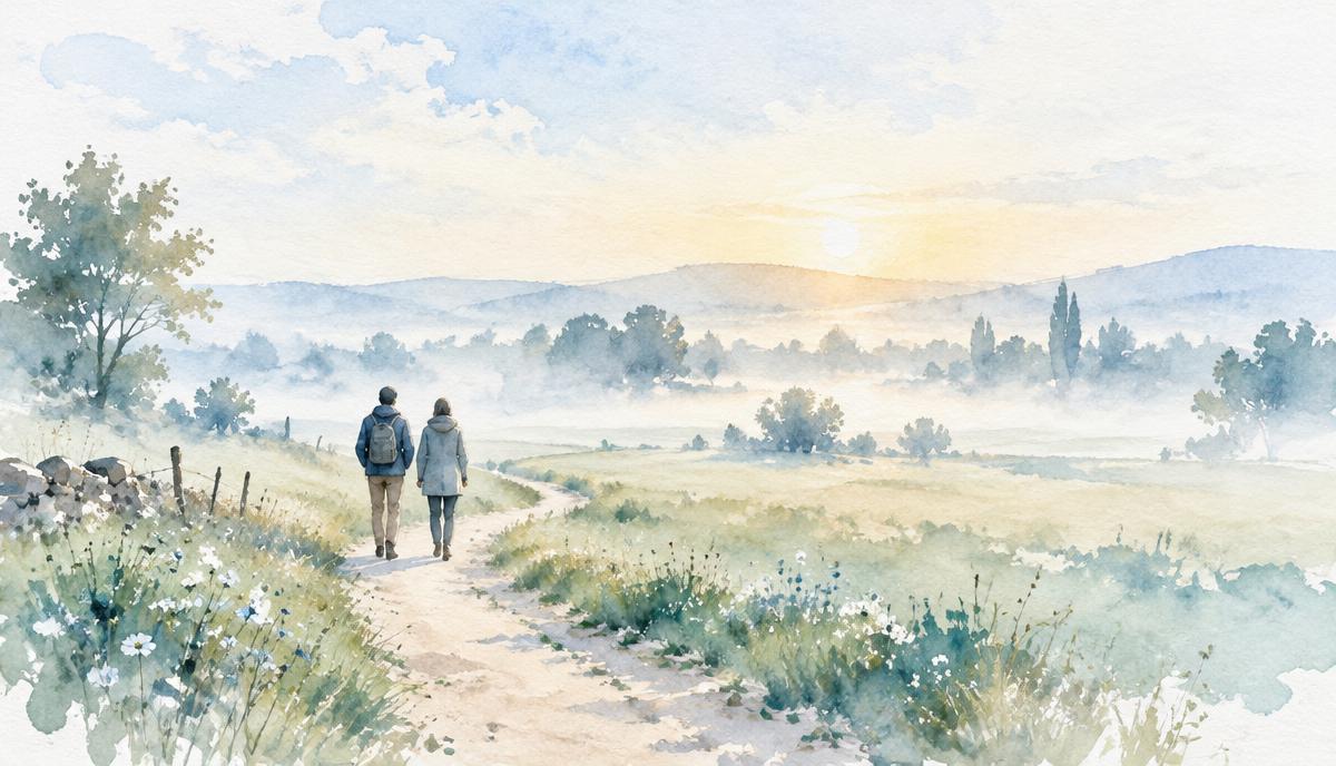 Deux silhouettes vues de dos marchent côte à côte sur un chemin à travers une prairie dans la brume du matin, à l'aquarelle.
