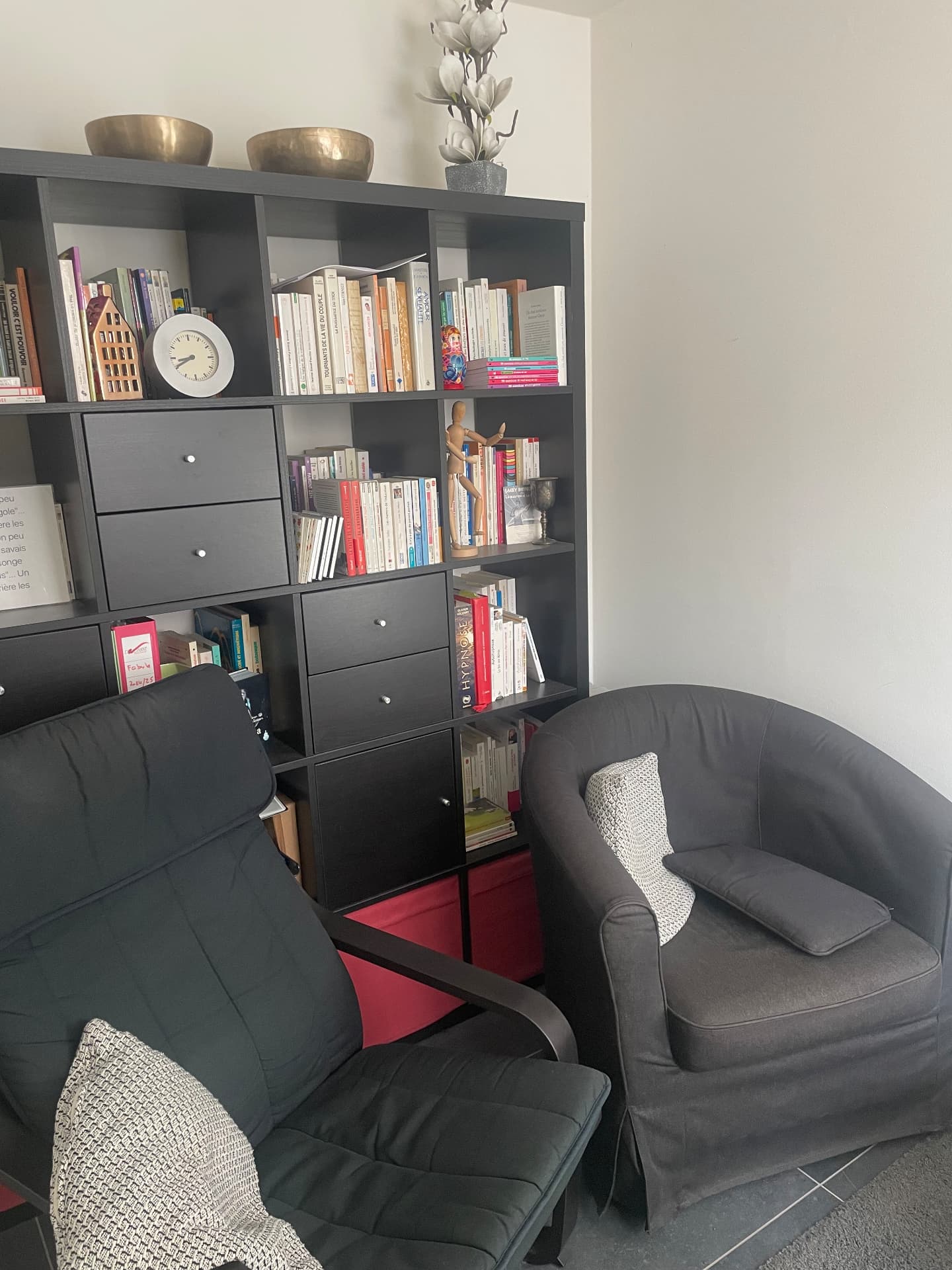 Le cabinet de Louvain-la-Neuve : deux fauteuils et une bibliothèque