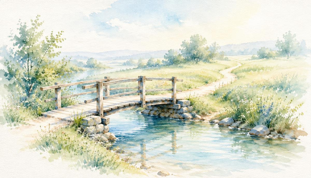 Aquarelle : un petit pont de bois au-dessus d'un ruisseau calme, un chemin qui commence de l'autre côté dans une prairie, sous une douce lumière du matin.