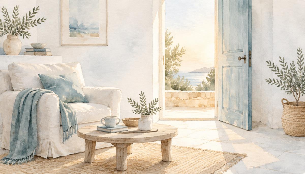 Aquarelle d'une pièce accueillante : une porte entrouverte laisse passer une lumière douce, un fauteuil confortable et une table basse avec une tasse.