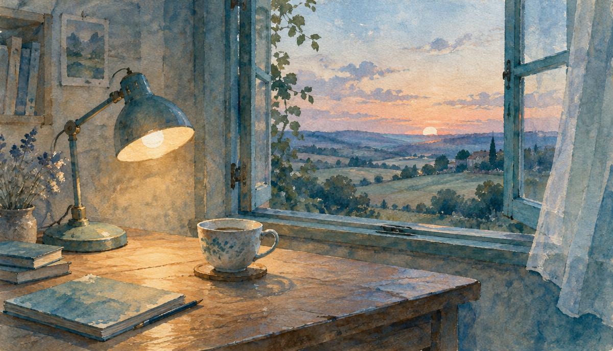 Une lampe de bureau encore allumée tard le soir, une tasse de thé refroidie et une fenêtre ouverte sur une campagne au crépuscule, à l'aquarelle.